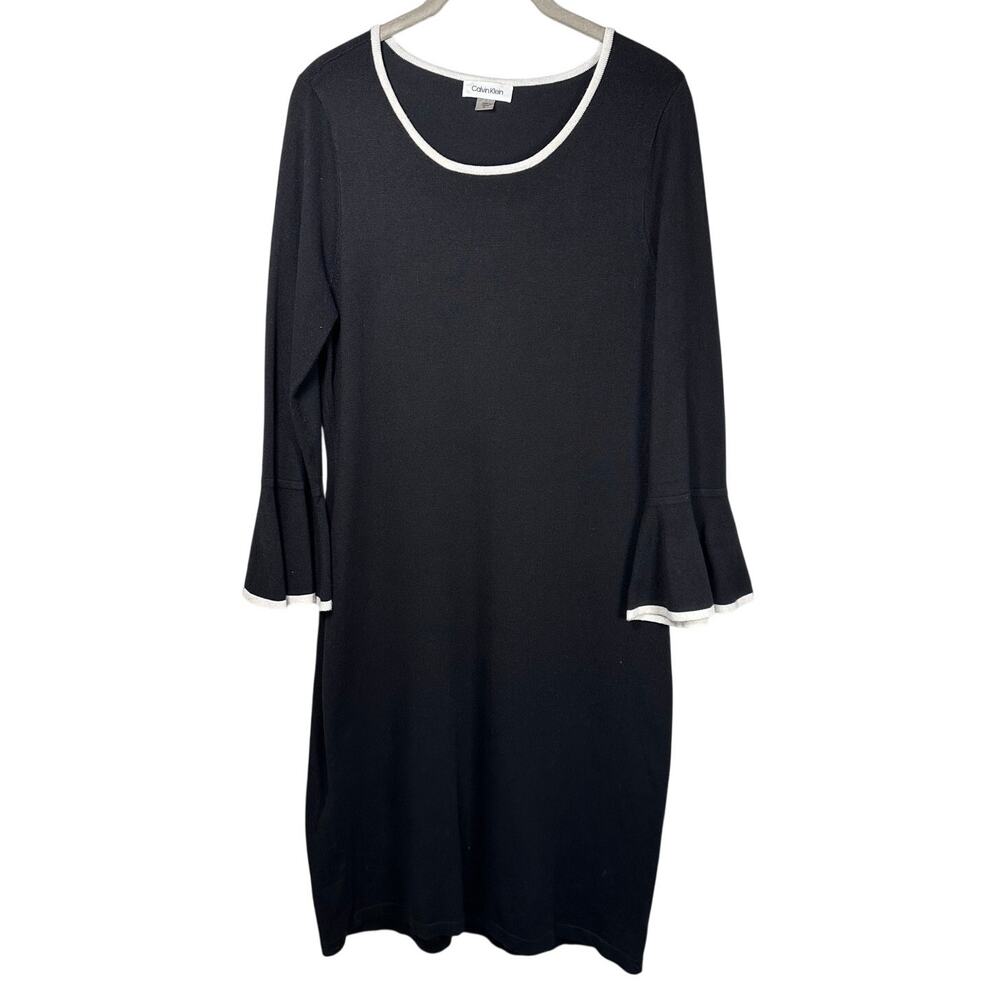 Calvin Klein Black Bell Sleeve White Trim Round Neck Dress Womens Medium